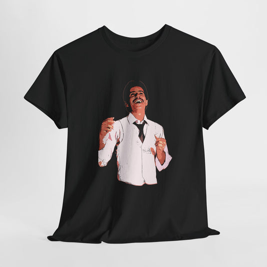 Frankie Black Graphic Tee — Vintage Smiling Singer Illustration